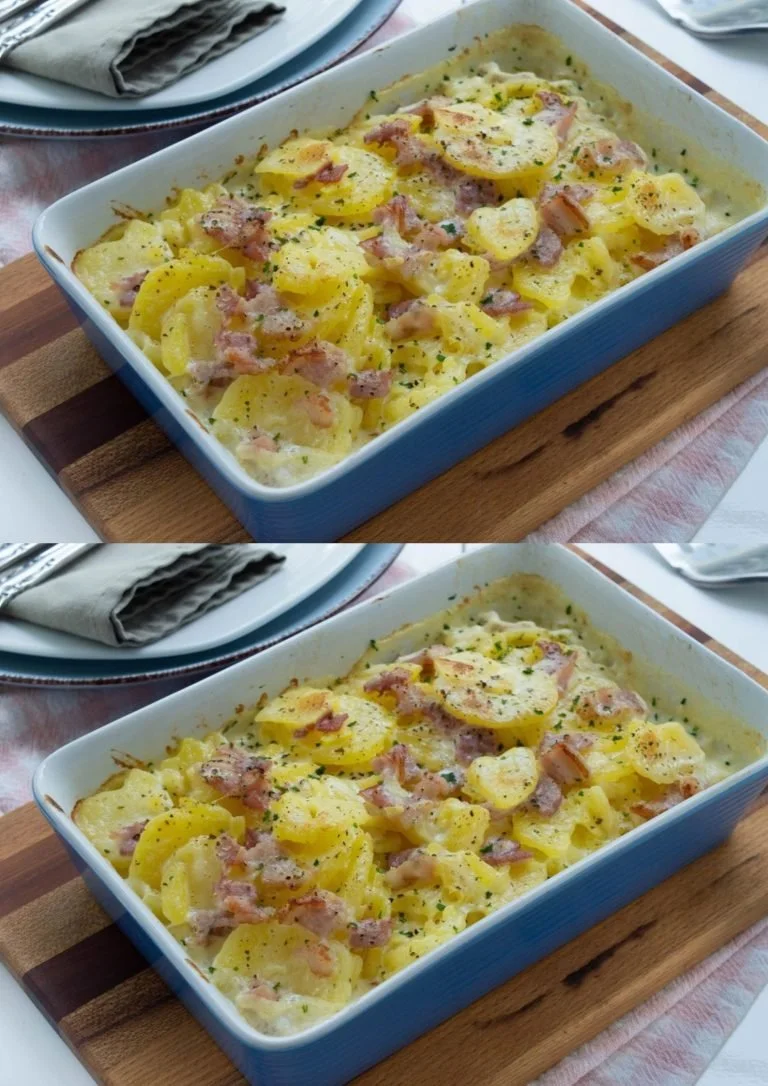 Heerlijke schotel van aardappelen alla carbonara met romige saus en spek