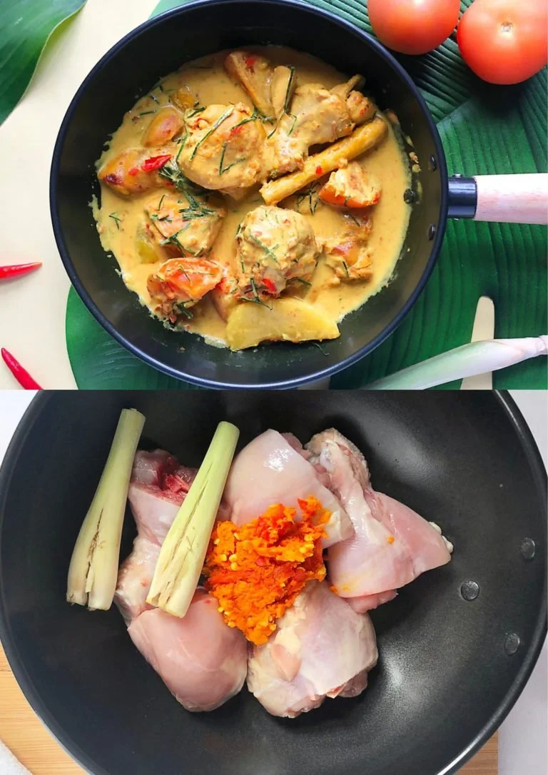 Kurkuma Kippen Curry met verse kruiden en specerijen in een kom