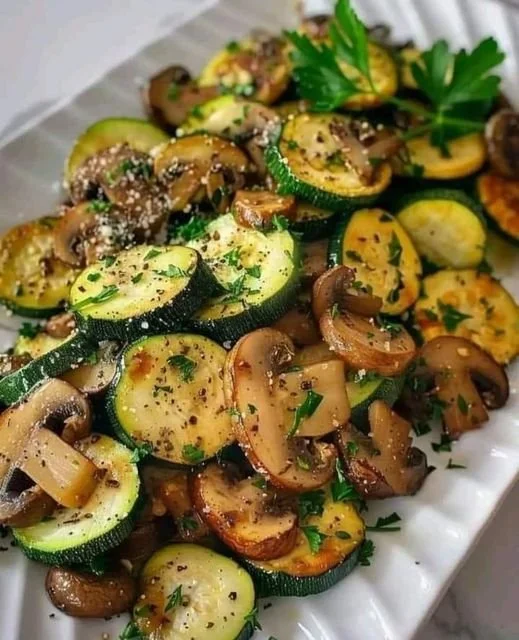 Geroerbakte courgette en champignons op een bord, klaar om te serveren.