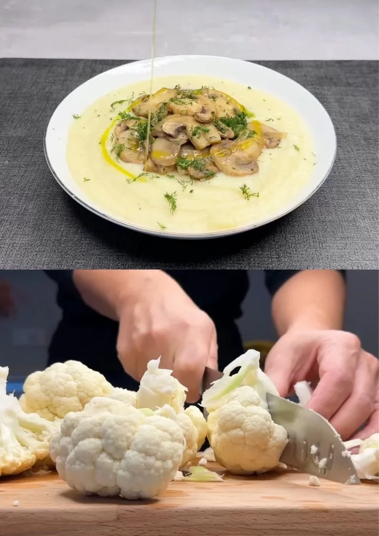 Geroosterde bloemkool met aardappelen en champignons op een bord