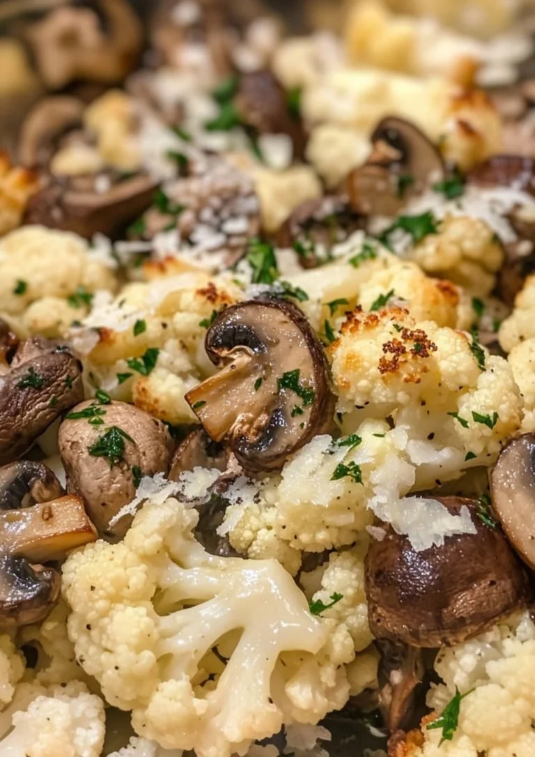 Geroosterde bloemkool met knoflook en champignons op een witte achtergrond