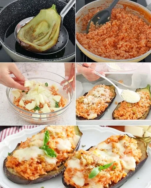 Gevulde aubergines met rijst en twee kazen, een aantrekkelijk vegetarisch gerecht.
