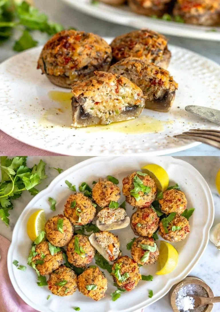 Gevulde champignons met ricotta en zongedroogde tomaten op een servies