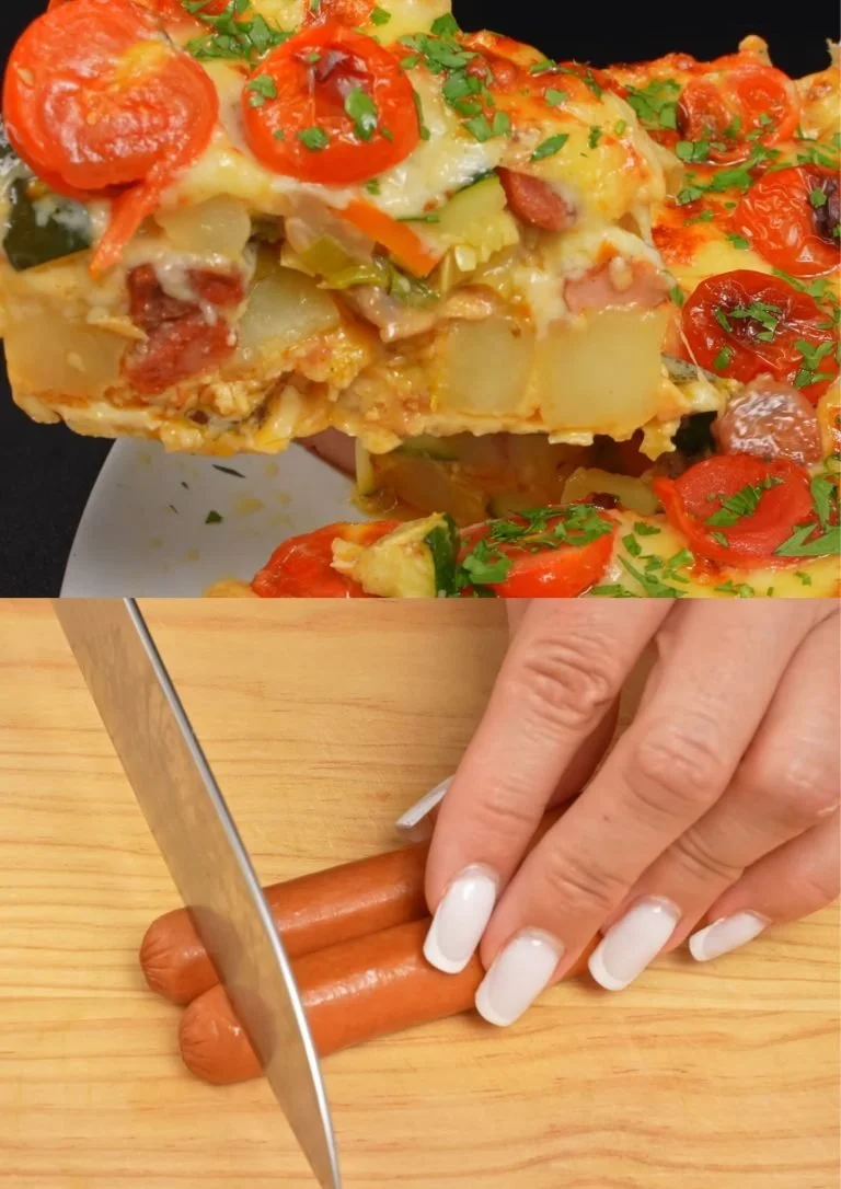 Hartige Duitse Aardappelsausage Casserole met aardappelen en kruiden.
