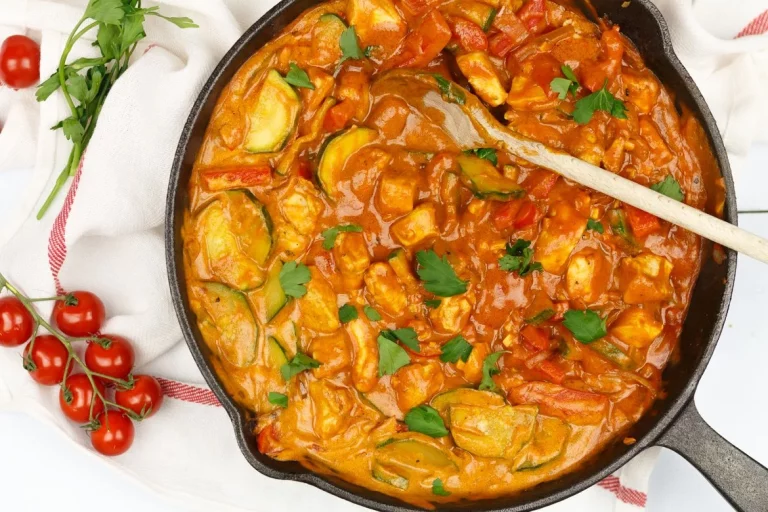 Kip in tomatensaus met rijst en groenten, een smakelijk en romig gerecht.
