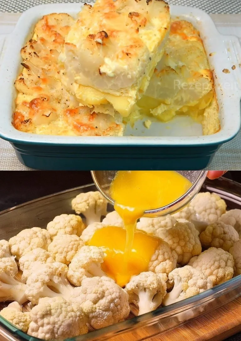 Romige bloemkool aardappelgratin met kaas op een bord