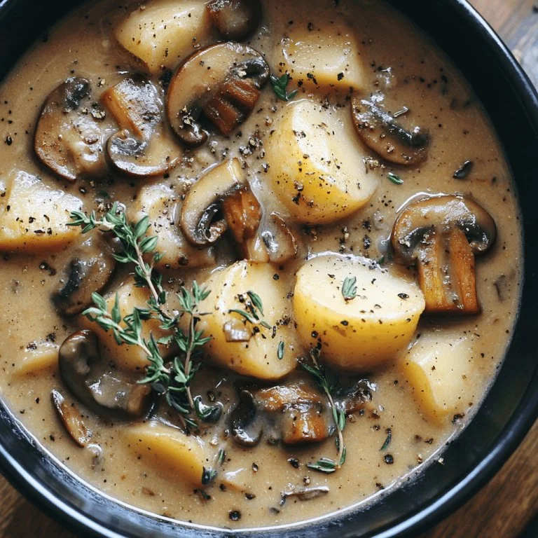 Romige champignon- en aardappelsoep in een kom, vers garnished.