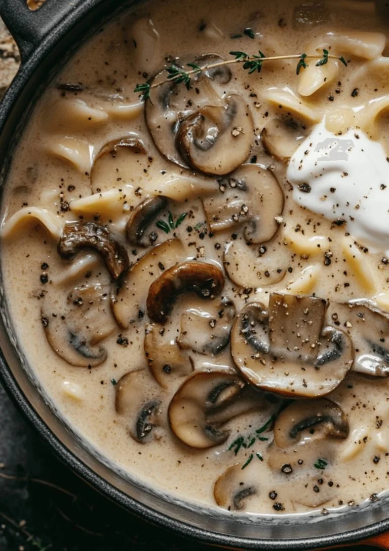 Romige champignon pasta soep in een kom met verse kruiden.