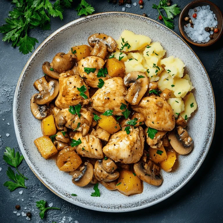 Romige kippenstroganoff met champignons op een bord geserveerd