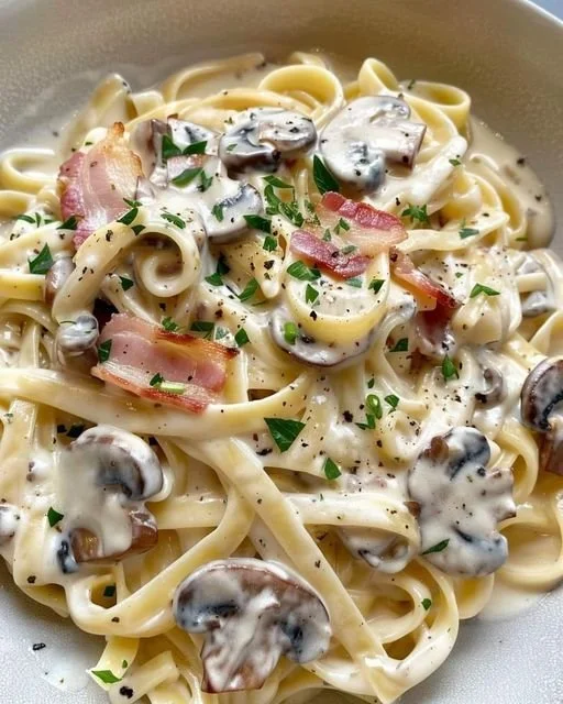 Romige Spek en Champignon Fettuccine Alfredo op een bord