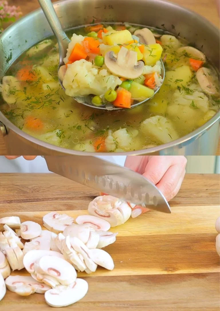Romige vegan broccoli bloemkool soep met geroosterde groenten in een kom