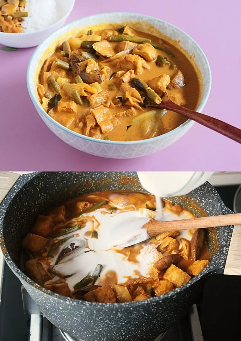 Romige vegetarische groentecurry met tofu in een kleurrijke kom.