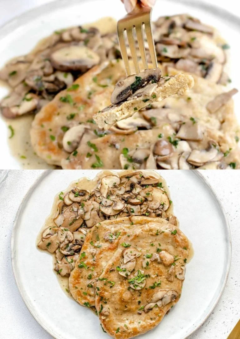 Een bord met knapperige Seitan Schnitzels geserveerd met citroen en peterselie.
