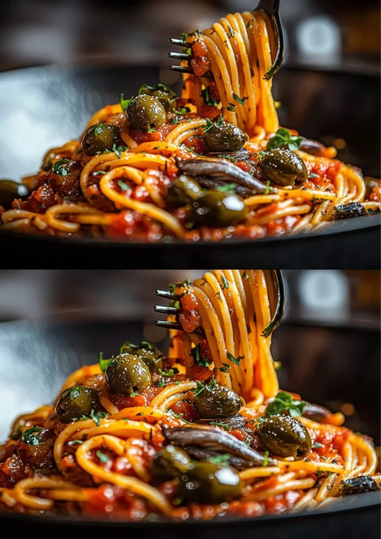 Gezellige serveerschaal met spaghetti alla puttanesca, een smakelijk Italiaans gerecht.