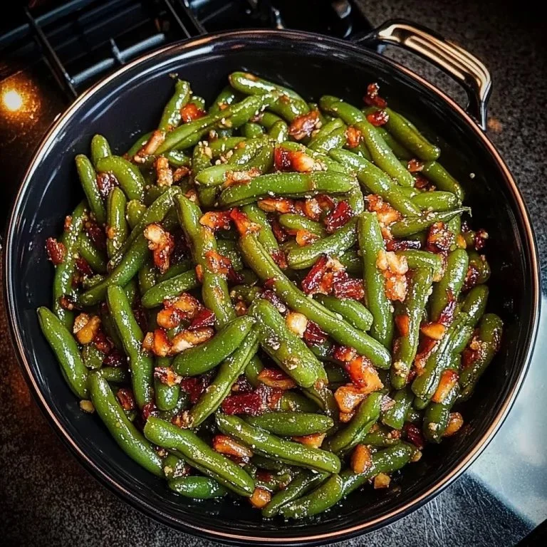 Verse groene bonen geserveerd met zoete spek saus
