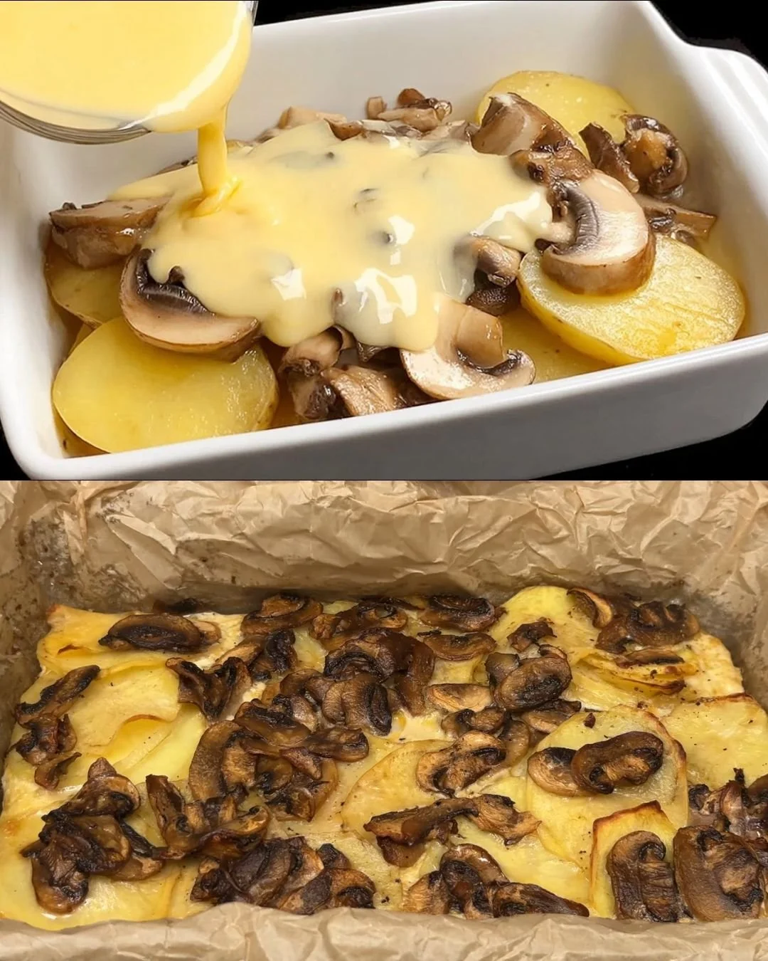 Aardappel en Champignon Ovenschotel gerecht uit de oven met kaas