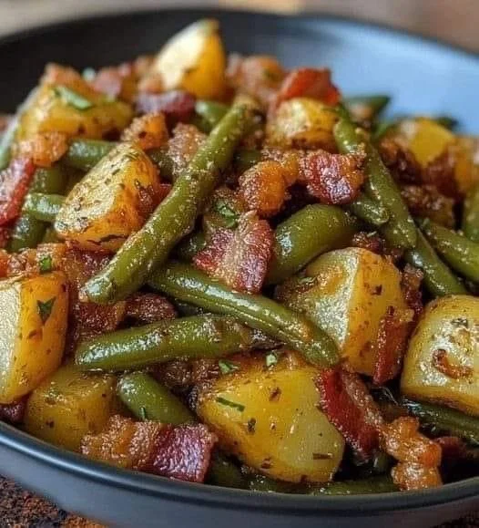 Aardappelen en groene bonen met worst op een bord, klaar om te serveren.