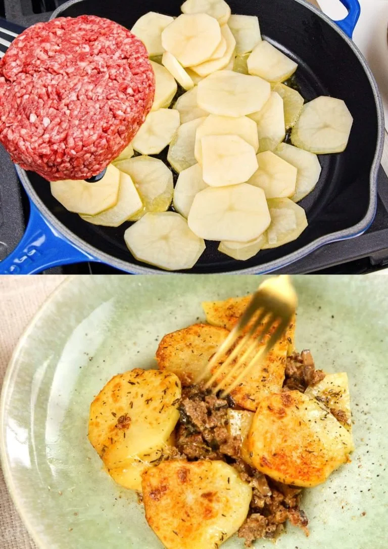 Aardappelgratin met gehakt en Gruyère in een schaal