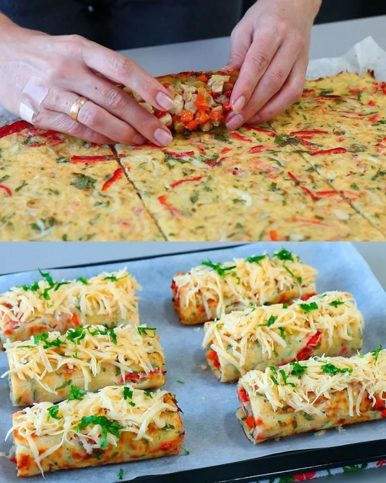 Aardappelrollen gevuld met kip en paprika, smakelijk gerecht.