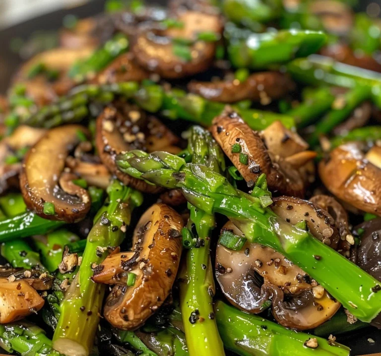 Gerechten met aspperges en gebakken champignons op een bord