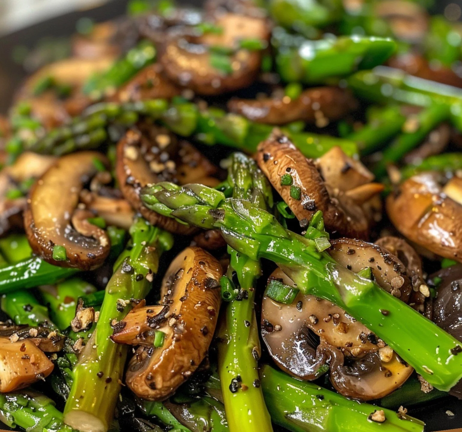 Gerechten met aspperges en gebakken champignons op een bord