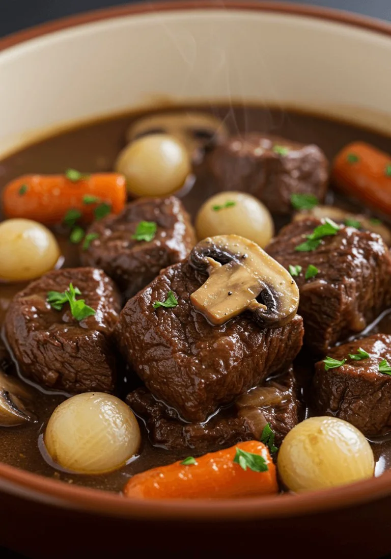 Authentiek Boeuf Bourguignon, een traditioneel Frans stoofgerecht met rundvlees en rode wijn.