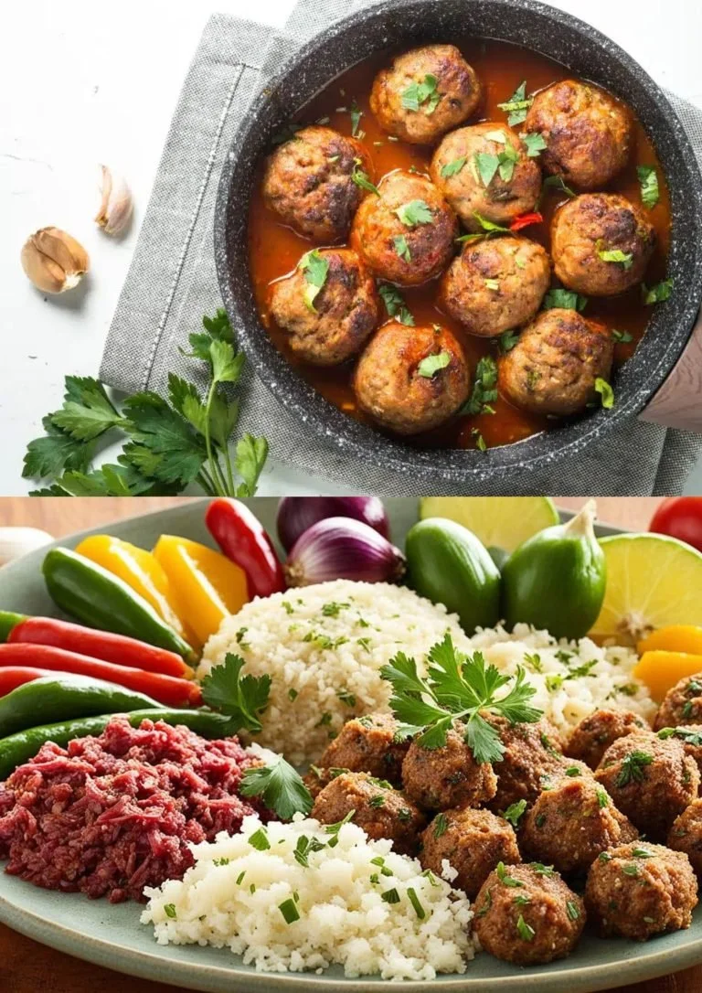 Authentieke Spaanse Albondigas geserveerd met tomatensaus en kruiden.