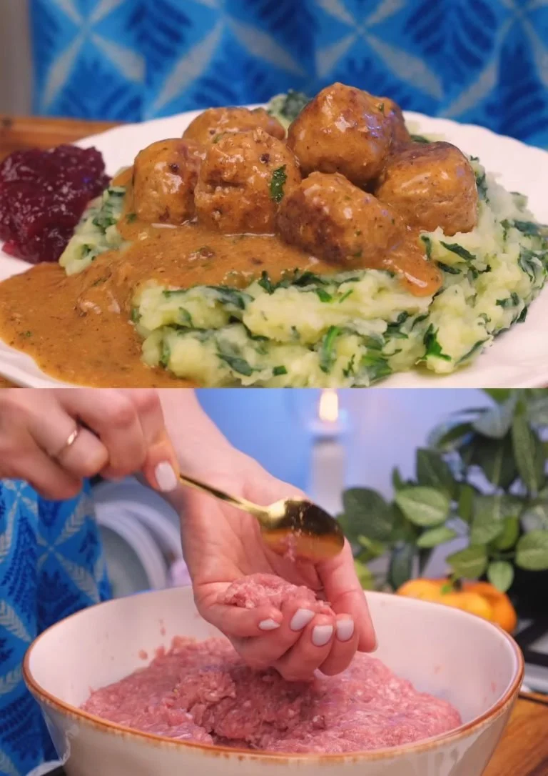 Authentieke Zweedse gehaktballen met romige saus en spinazie puree op een bord