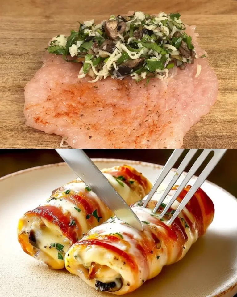 Bacon-wrapped kiprolade met champignon- en mozzarella-vulling op een bord