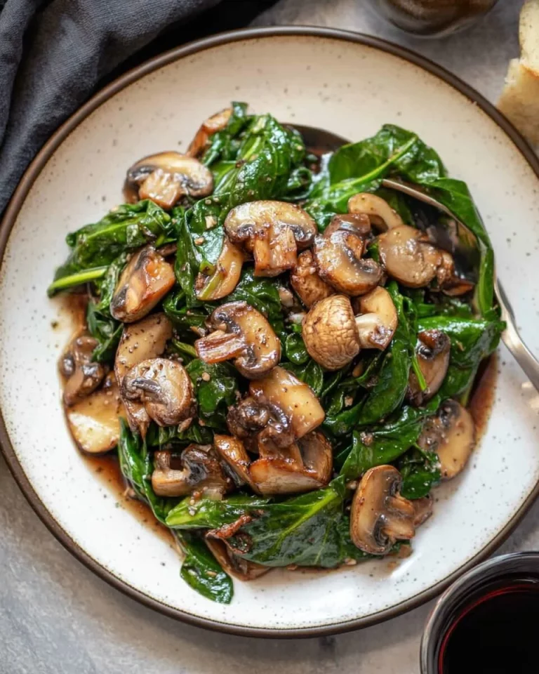 Balsamico Spinazie met Champignons op een bord, kleurrijke ingrediënten.