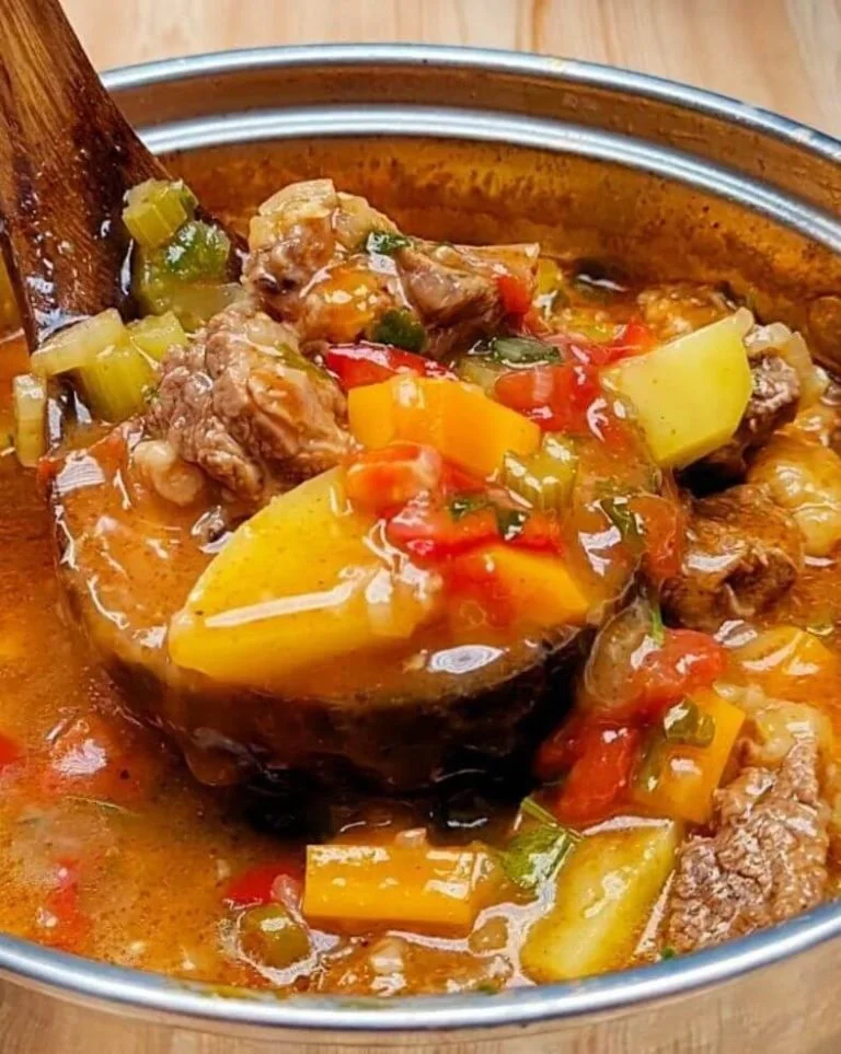 Schaal met traditionele Hongaarse Goulash, rijk aan smaken en specerijen.