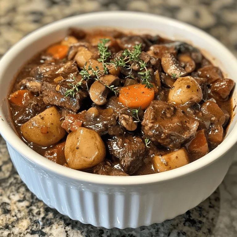 Heerlijke Boeuf Bourguignon gerecht met rundvlees en rode wijn.