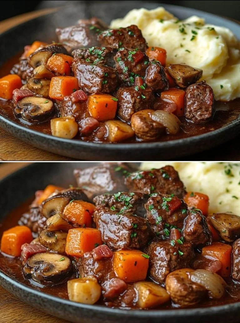 Heerlijk bord Boeuf Bourguignon met malse vlees en groenten.
