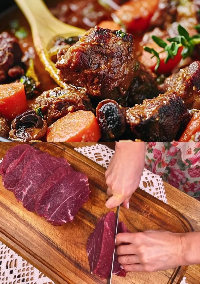 Een smakelijke Boeuf Bourguignon geserveerd met groenten en een rode wijnsaus.
