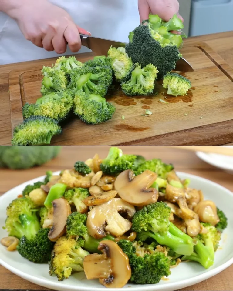 Geroerbakte broccoli en champignons met knoflook en sojasaus.
