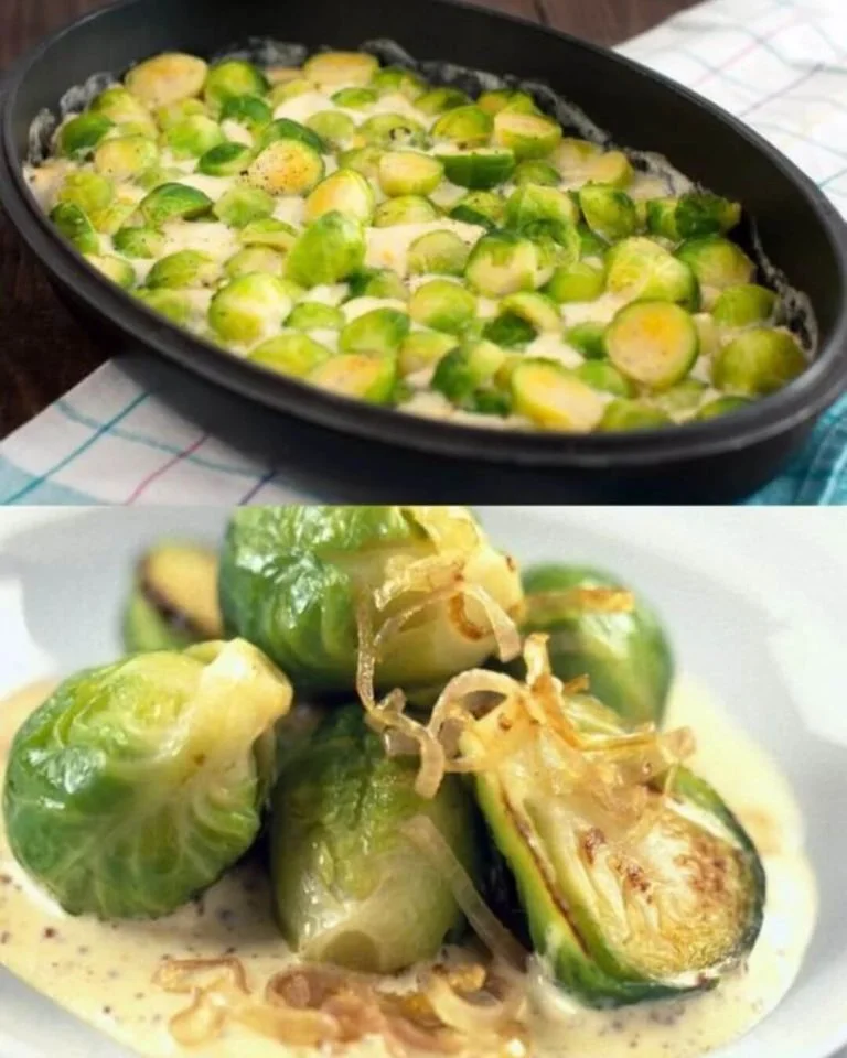Brussel Spruiten in Roomkaas Mosterd Saus op een bord geserveerd