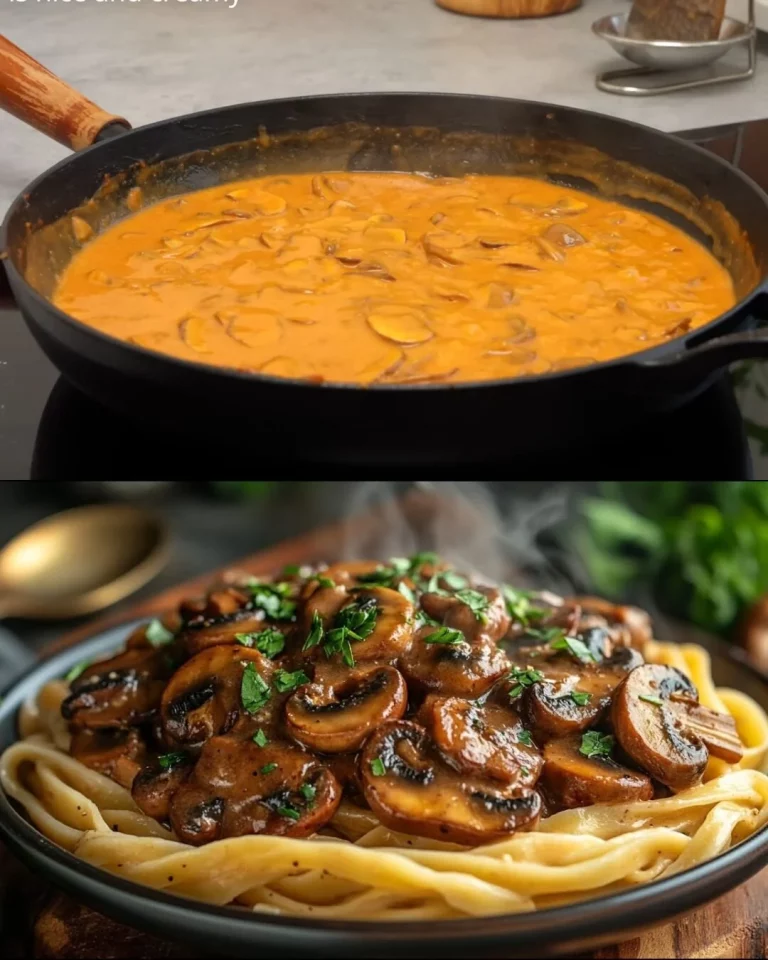 Een bord Champignon Stroganoff met romige saus en champignons