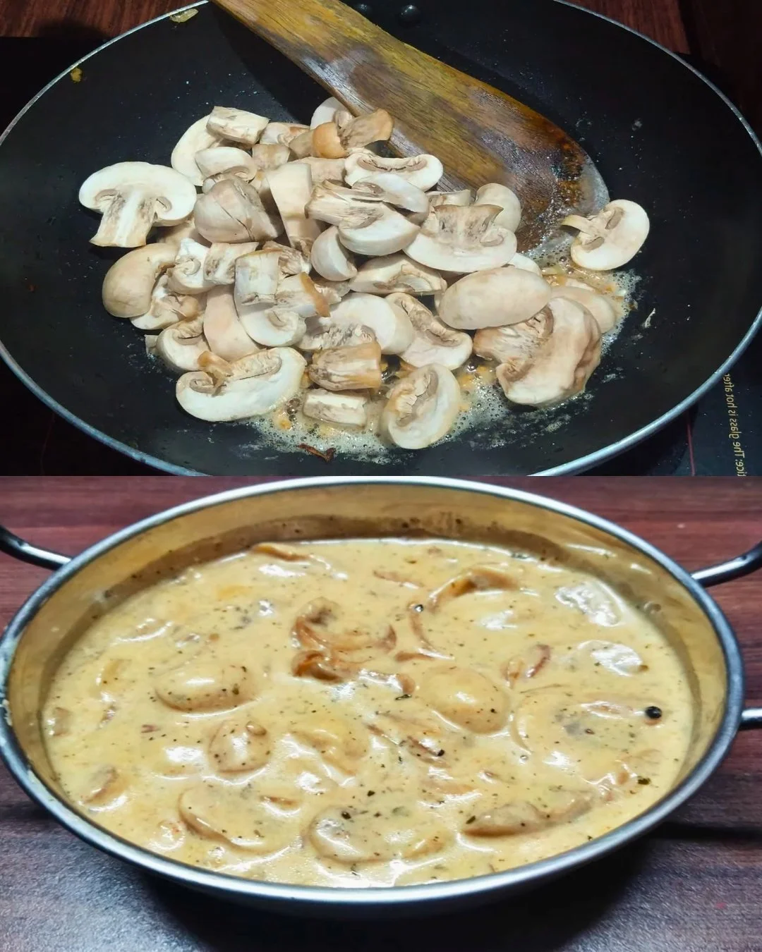 Champignons in een romige saus geserveerd met verse kruiden