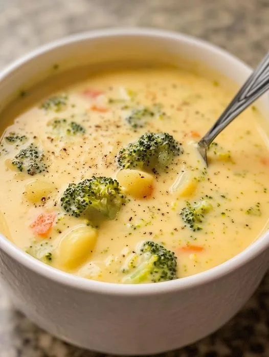 Kom Cheddar Broccoli Aardappelsoep met kaas en verse broccoli
