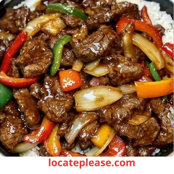 Chinese pepersteak met uien en paprika's op een bord