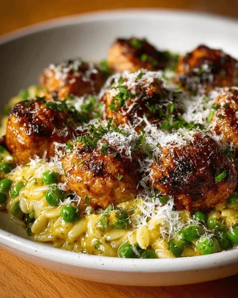 Citroen Boursin kipgehaktballen met kaasachtige asperge orzo op een bord