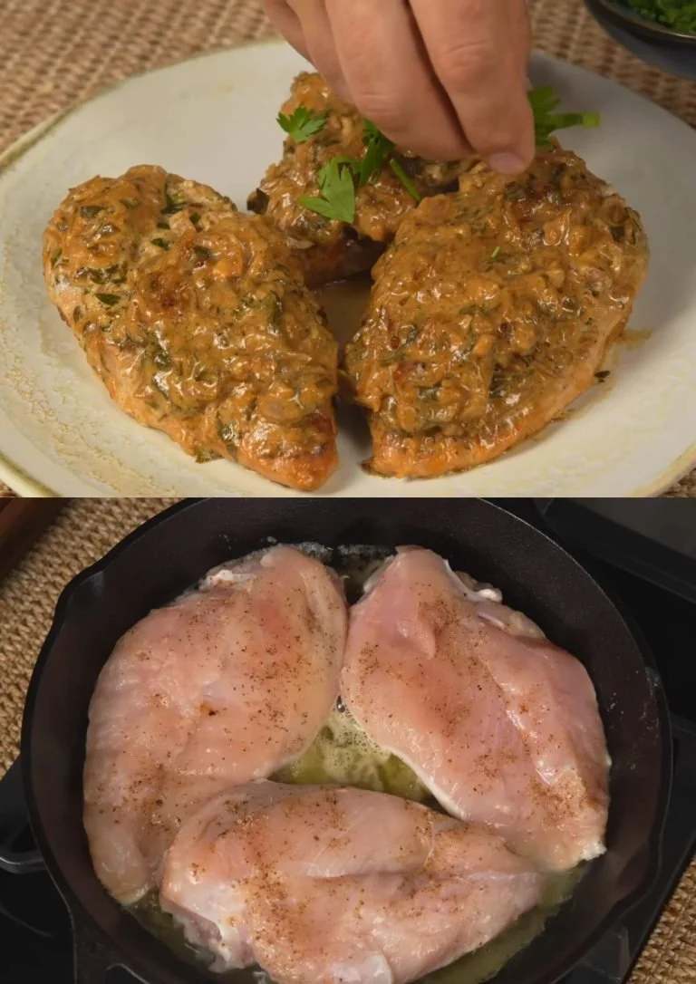 Creamy garlic chicken dish garnished with herbs