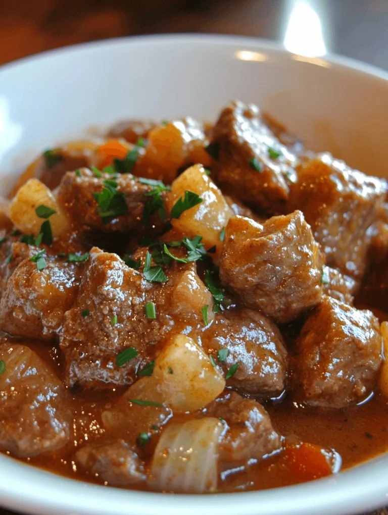 Heerlijke Duitse Goulash geserveerd in een kom met kruiden en specerijen.