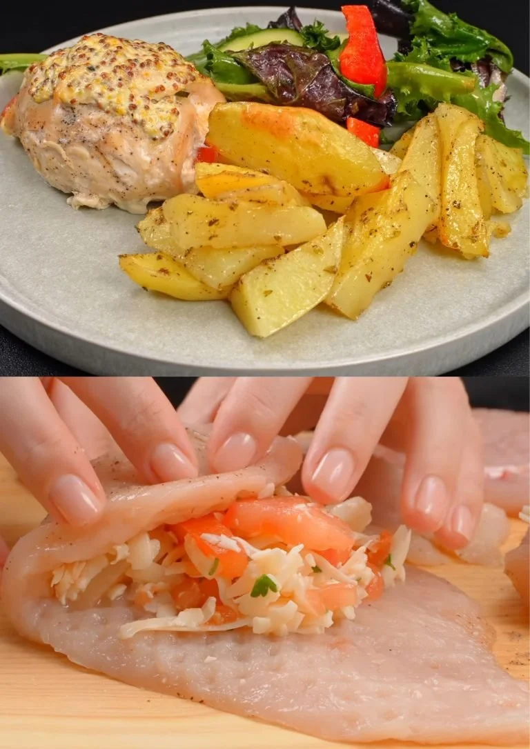 Duitse Hawaii Schnitzel met aardappelpartjes en salade op een bord