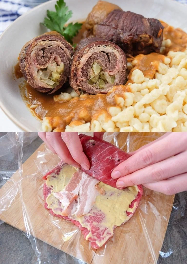 Zelfgemaakte Duitse Rouladen met kruiden en vulling op een bord.
