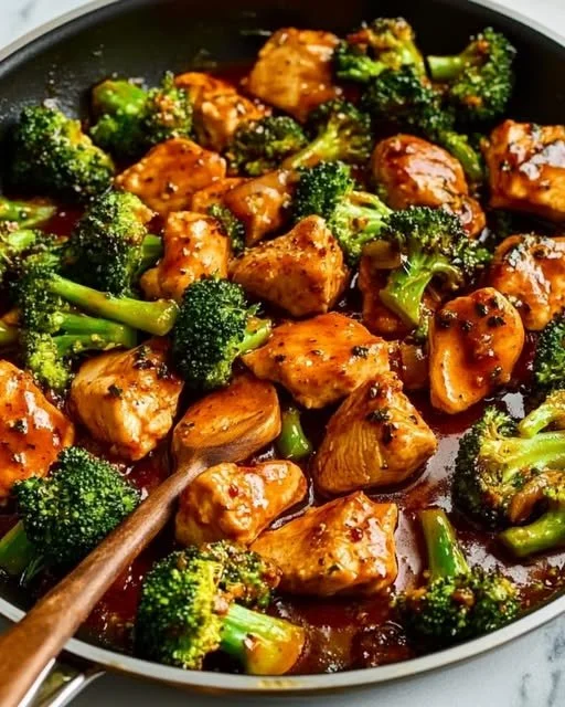 Eenpansgerecht met Harissa sinaasappel kip en broccoli in een pan.