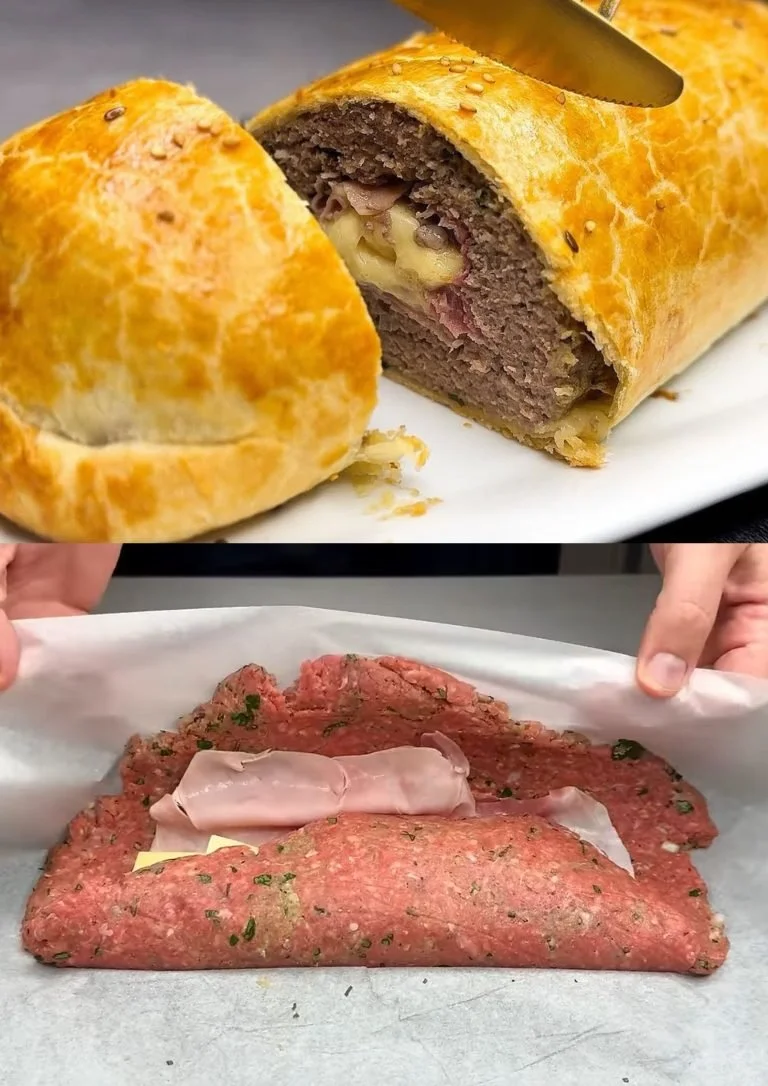 Feestelijke gevulde gehaktbrood in bladerdeeg met smaakvolle vulling