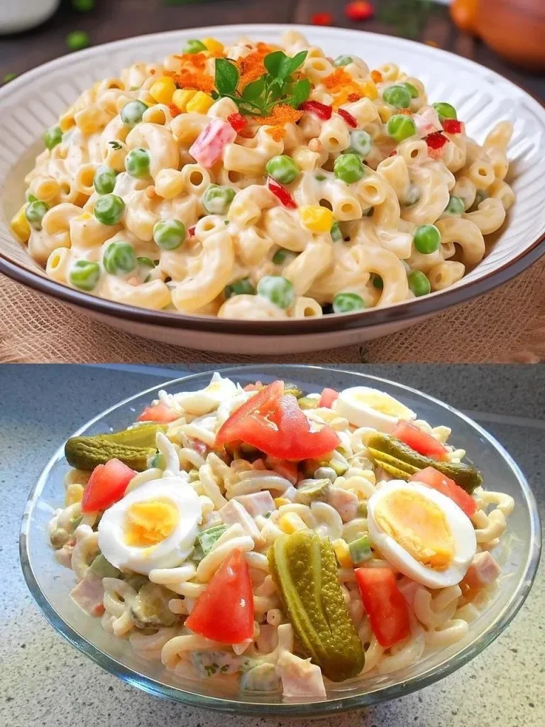 Feestelijke pasta salade met kleurrijke groenten en dressing.