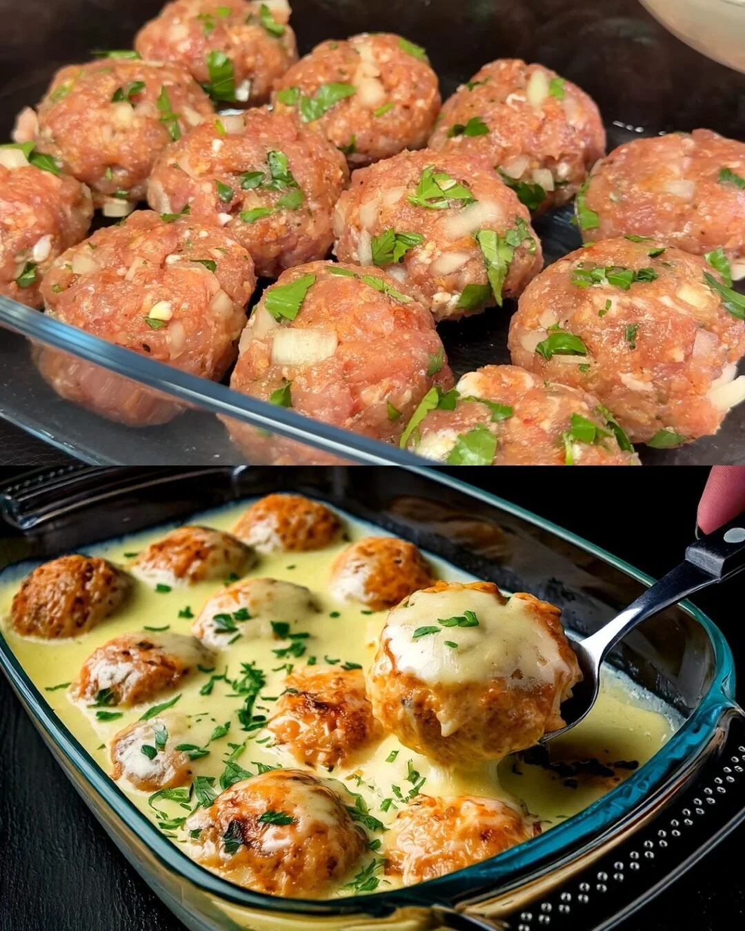 Gebacken gekruid varkensvlees en aardappel casserole met romige kruiden saus en bacon champignon topping