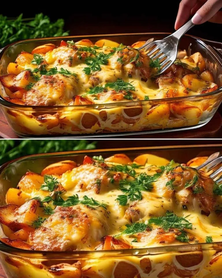 Gebacken kip en aardappel casserole met romige kaastopping in een schaal